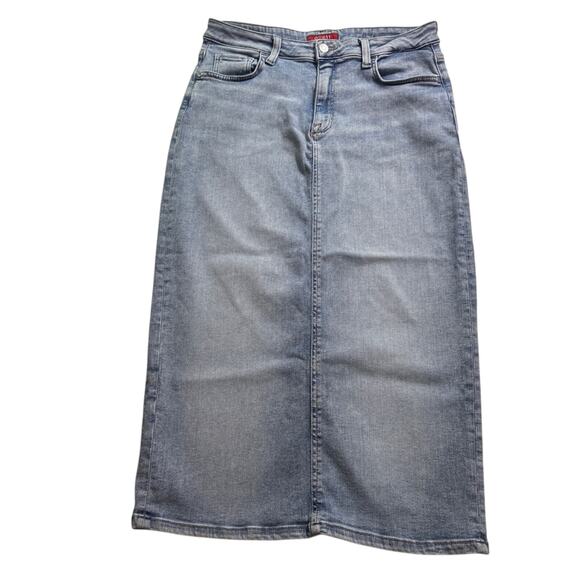 GUESS Los Angeles Blue Jean Maxi Skirt Back Slit Cotton Blend Size 30 - Picture 1 of 12